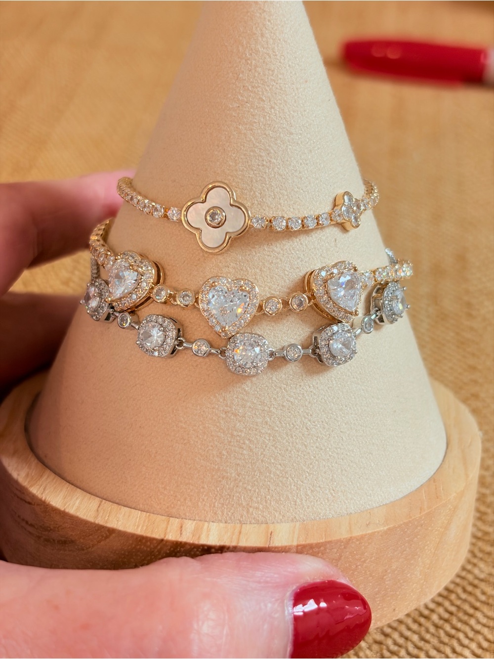 Gold and Silver CZ Heart & Clover Stackable Adjustable Bracelets NWOT